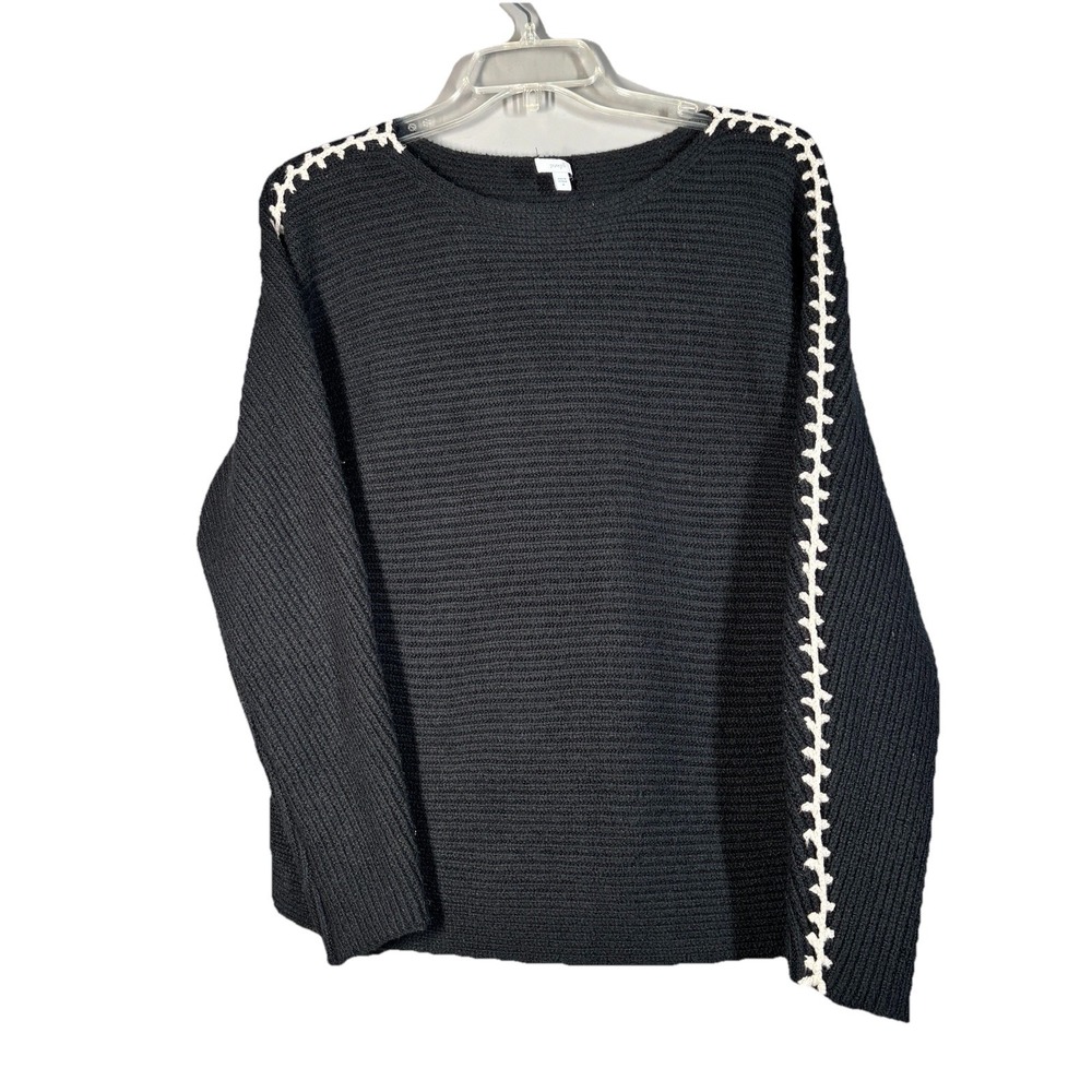 Pure Jill Sweater Womens Medium Black Heavy Thick Cozy Embroidered Detailing